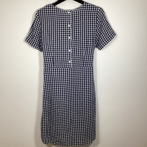 J McLaughlin Sadie Tie Waist Gingham Navy Linen Cotton Dress 12 Knee Length - Picture 6 of 7